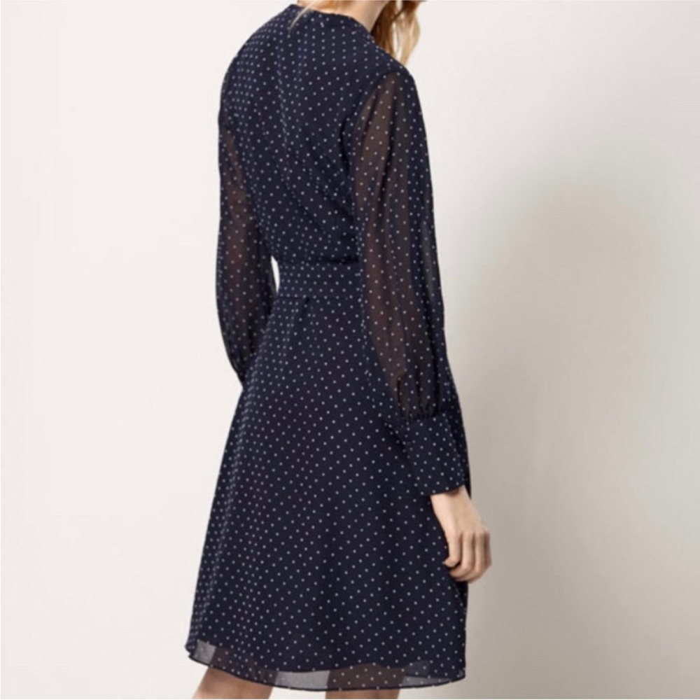 MASSIMO DUTTI Navy Blue Flocked Polka Dot Long Sleeve Fit & Flare Dress Women 10 - Picture 2 of 16